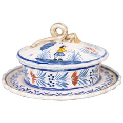 Antique French Faience Quimper Lidded Butter Bowl Dishish circa 1920