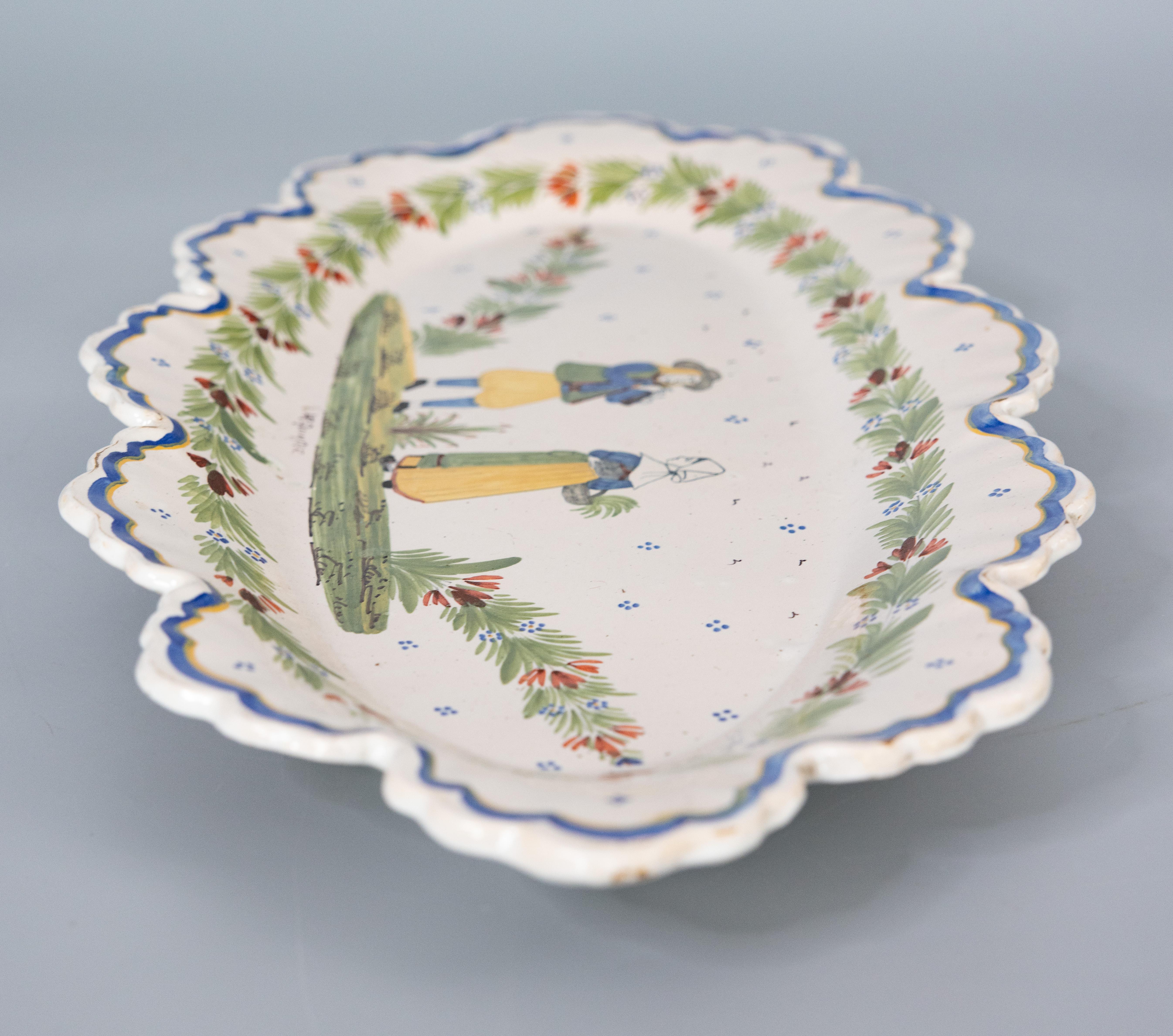 Hand-Painted Antique French Faience Quimper Oval Scalloped Wall Platter circa 1900