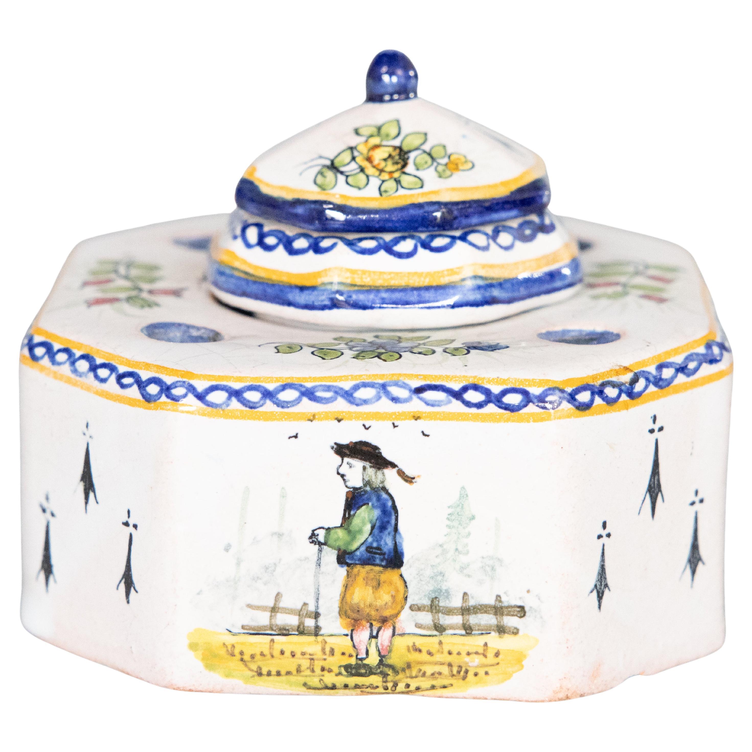 Antique French Faience Quimper Style Inkwell, circa 1900