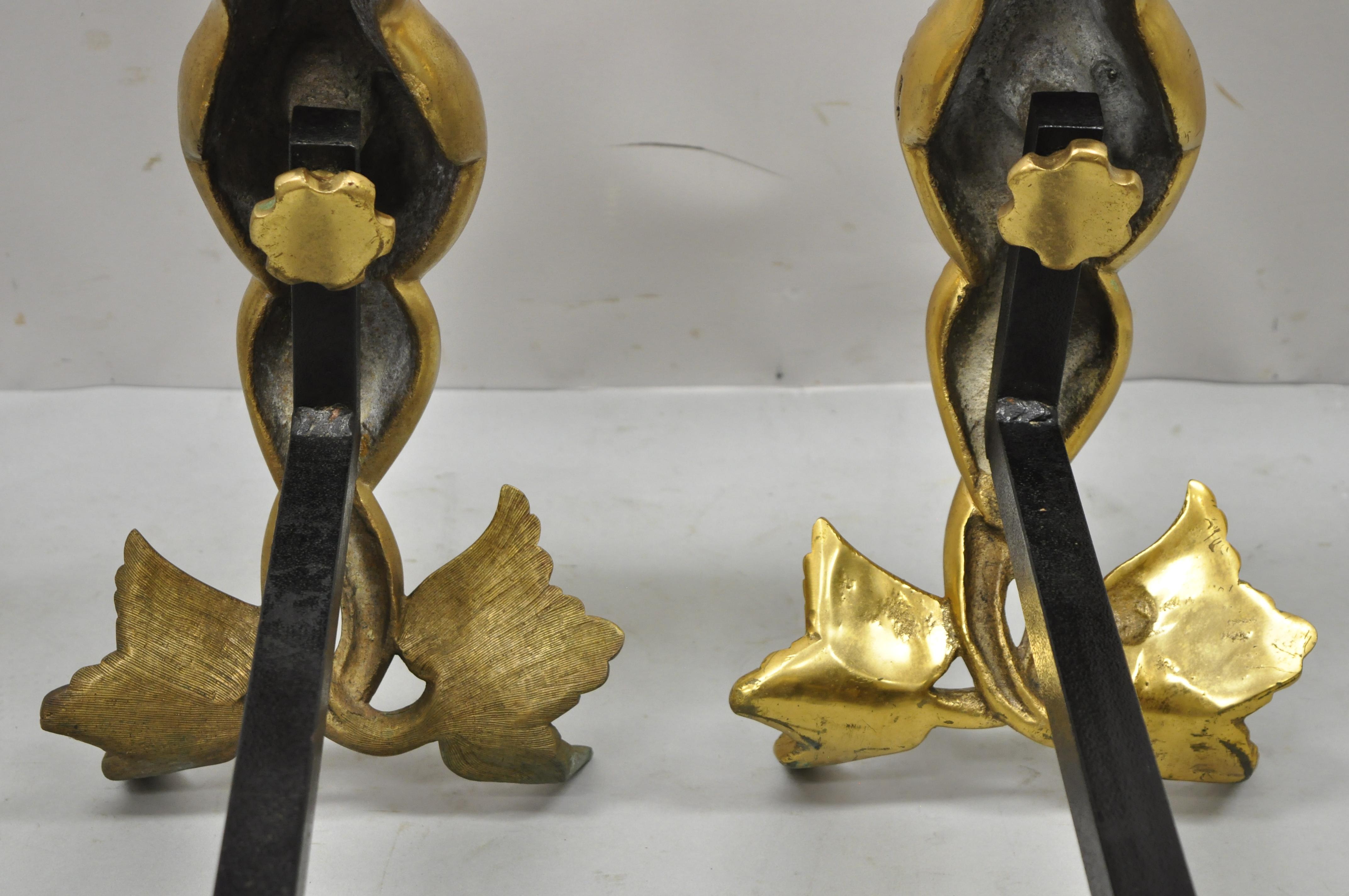 Antique French Fantasy Bronze Brass Mermaid Regency Fireplace Andirons, a Pair 1