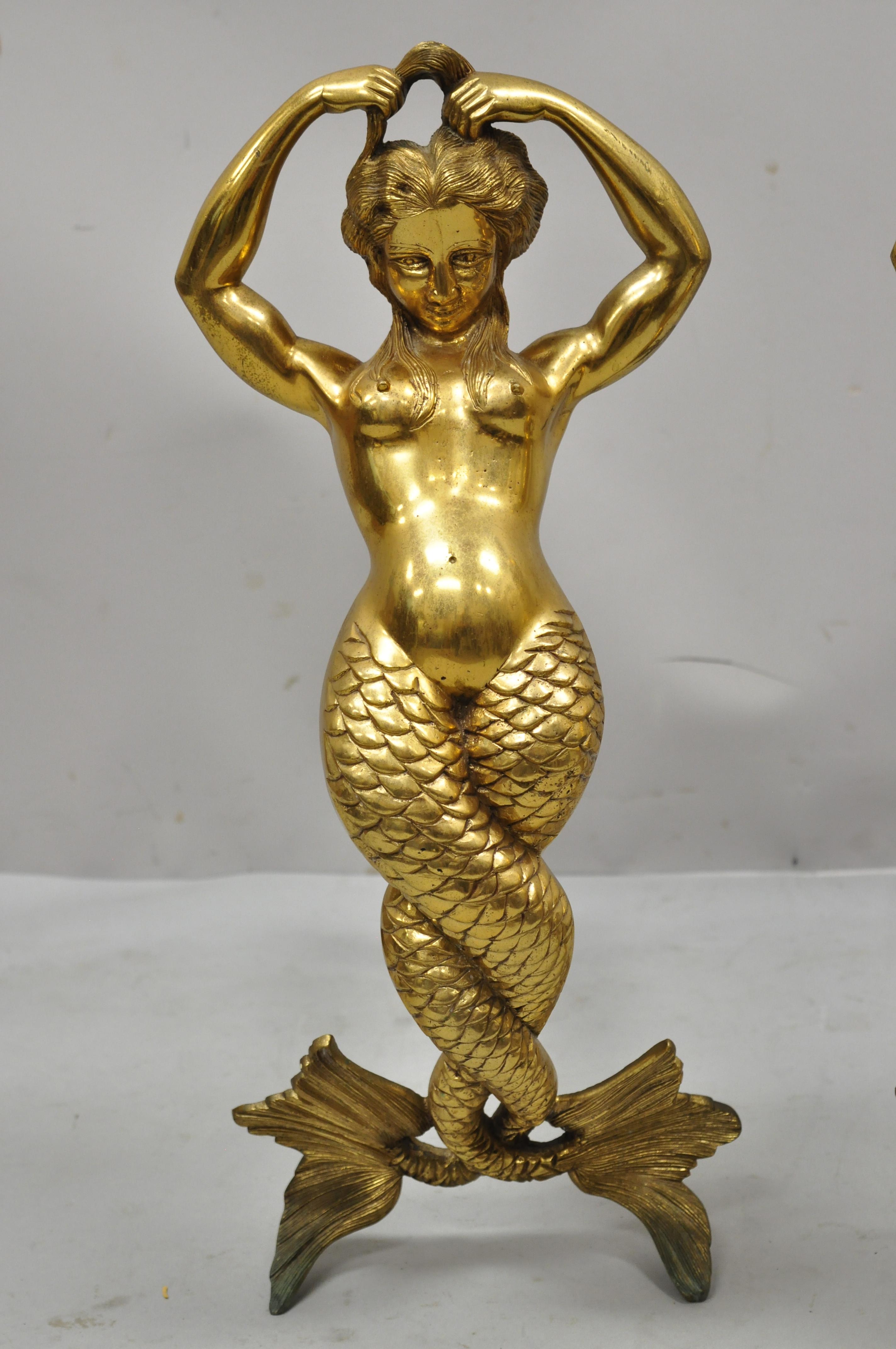 Antique French Fantasy Bronze Brass Mermaid Regency Fireplace Andirons, a Pair 2