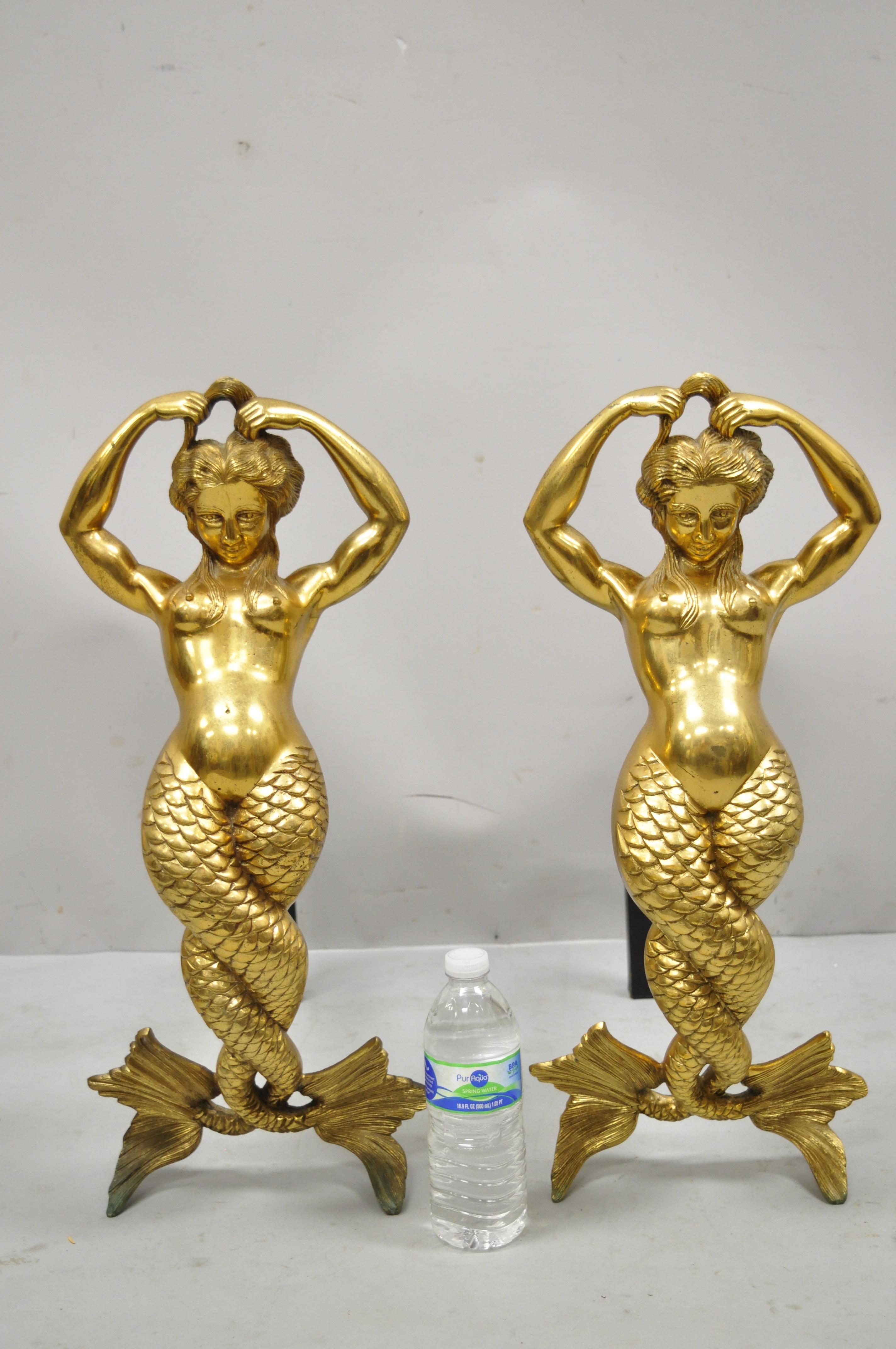 Antique French Fantasy Bronze Brass Mermaid Regency Fireplace Andirons, a Pair 3