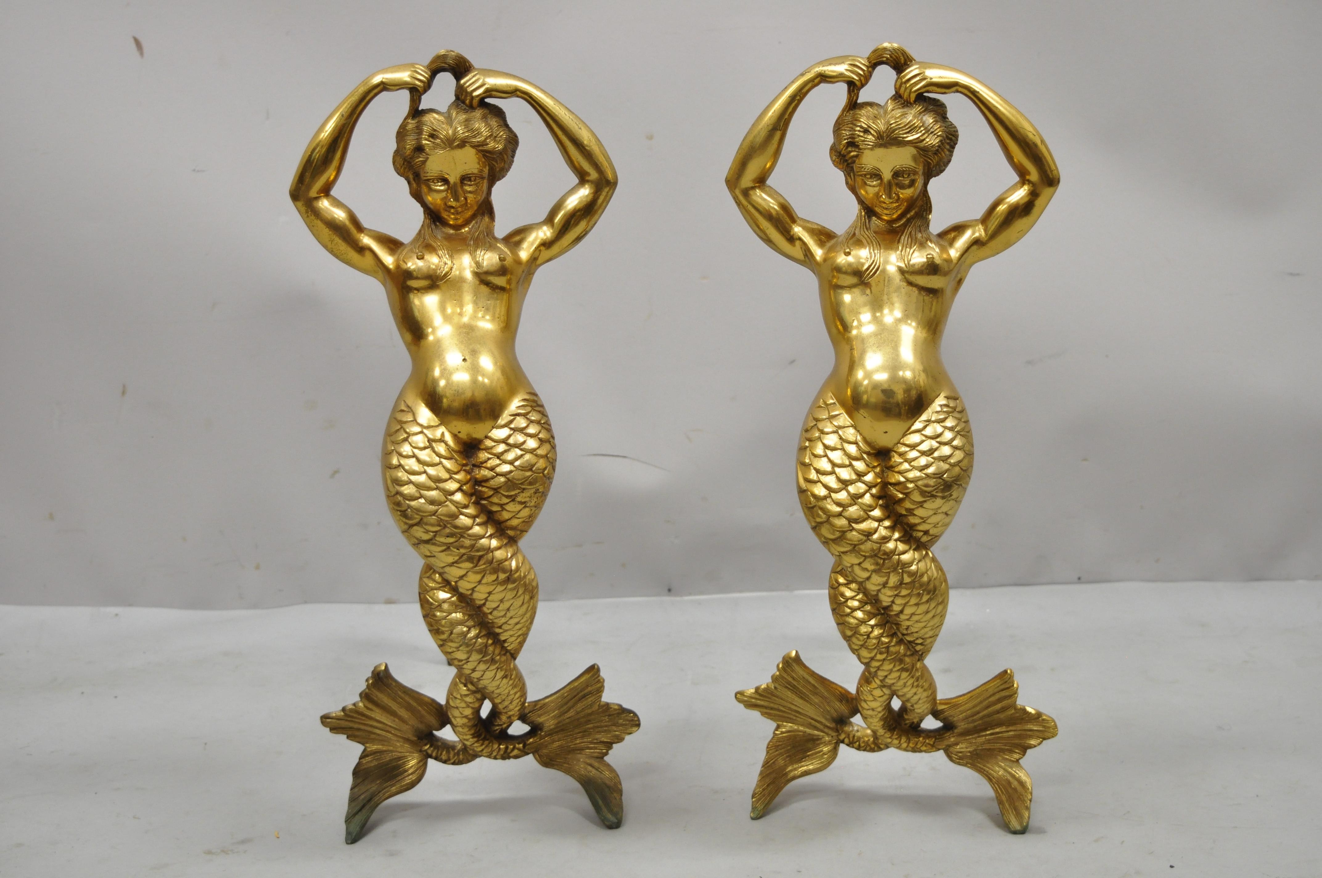 Antique French fantasy bronze brass Mermaid Hollywood Regency Fireplace Andirons - a Pair. Item features large and heavy bronze and cast iron construction, remarkable quality and detail, rare subject of nude mermaids with gold finish, very nice