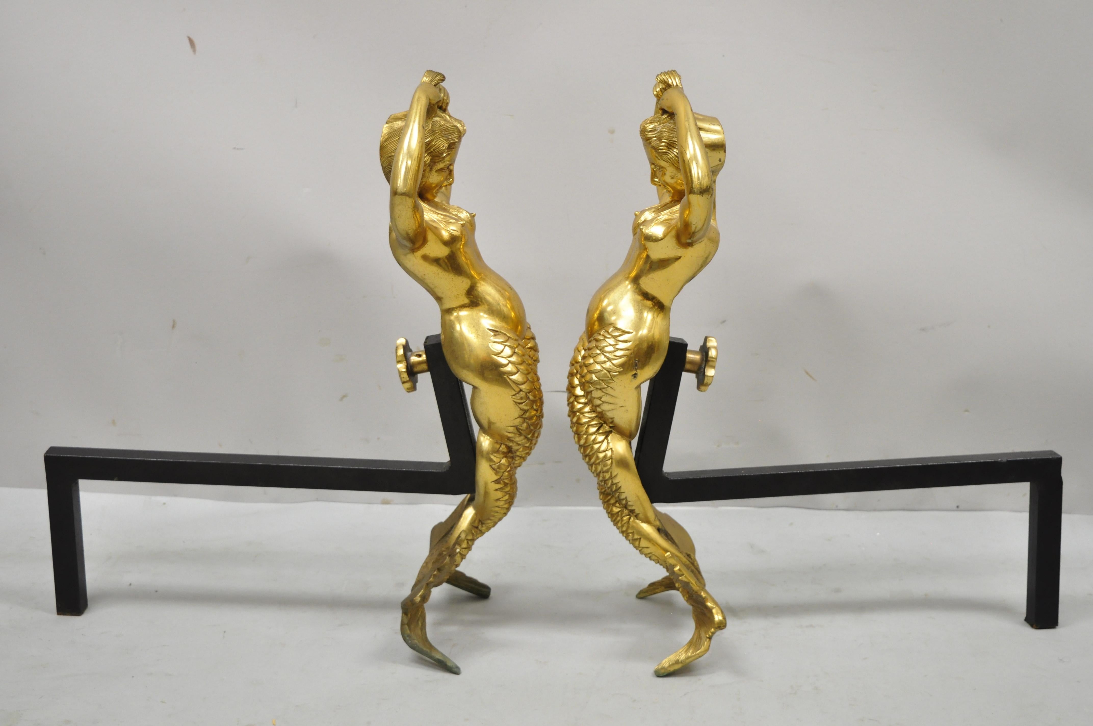 Antique French Fantasy Bronze Brass Mermaid Regency Fireplace Andirons, a Pair In Good Condition In Philadelphia, PA