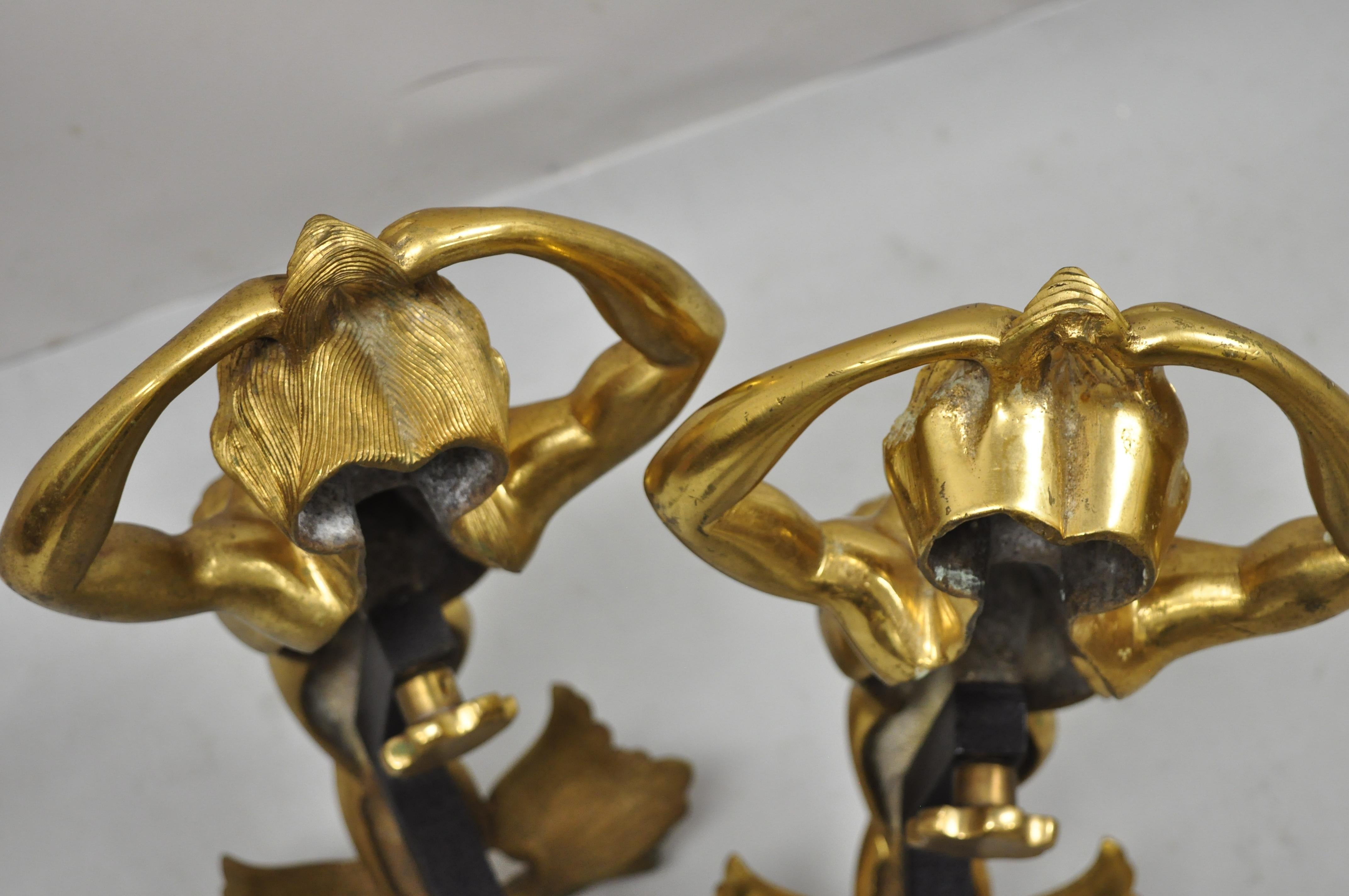 20th Century Antique French Fantasy Bronze Brass Mermaid Regency Fireplace Andirons, a Pair