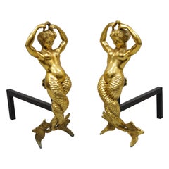 Vintage French Fantasy Bronze Brass Mermaid Regency Fireplace Andirons, a Pair