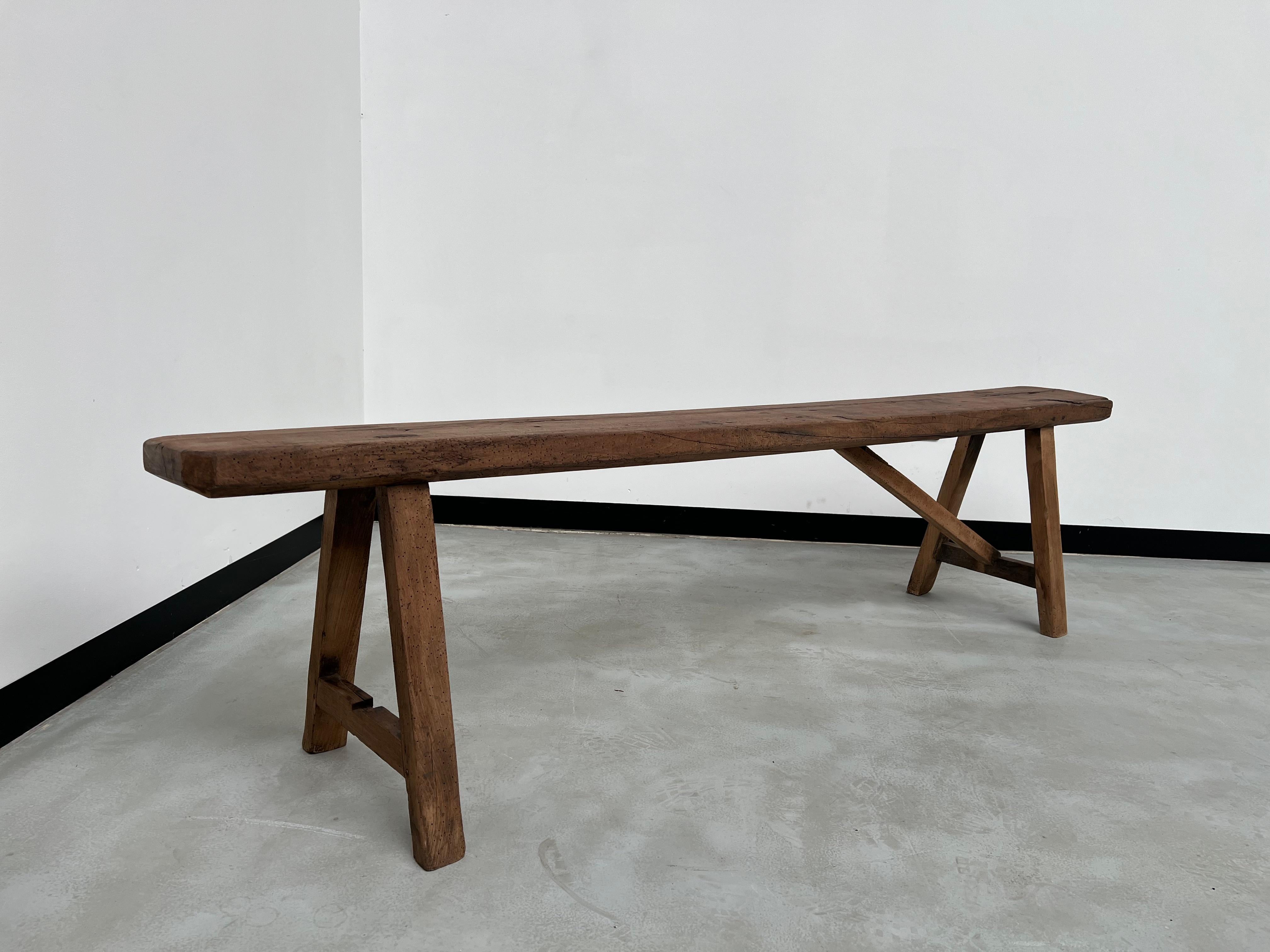 Mid-20th Century Antique French farm bench in solid oak (1950s) For Sale