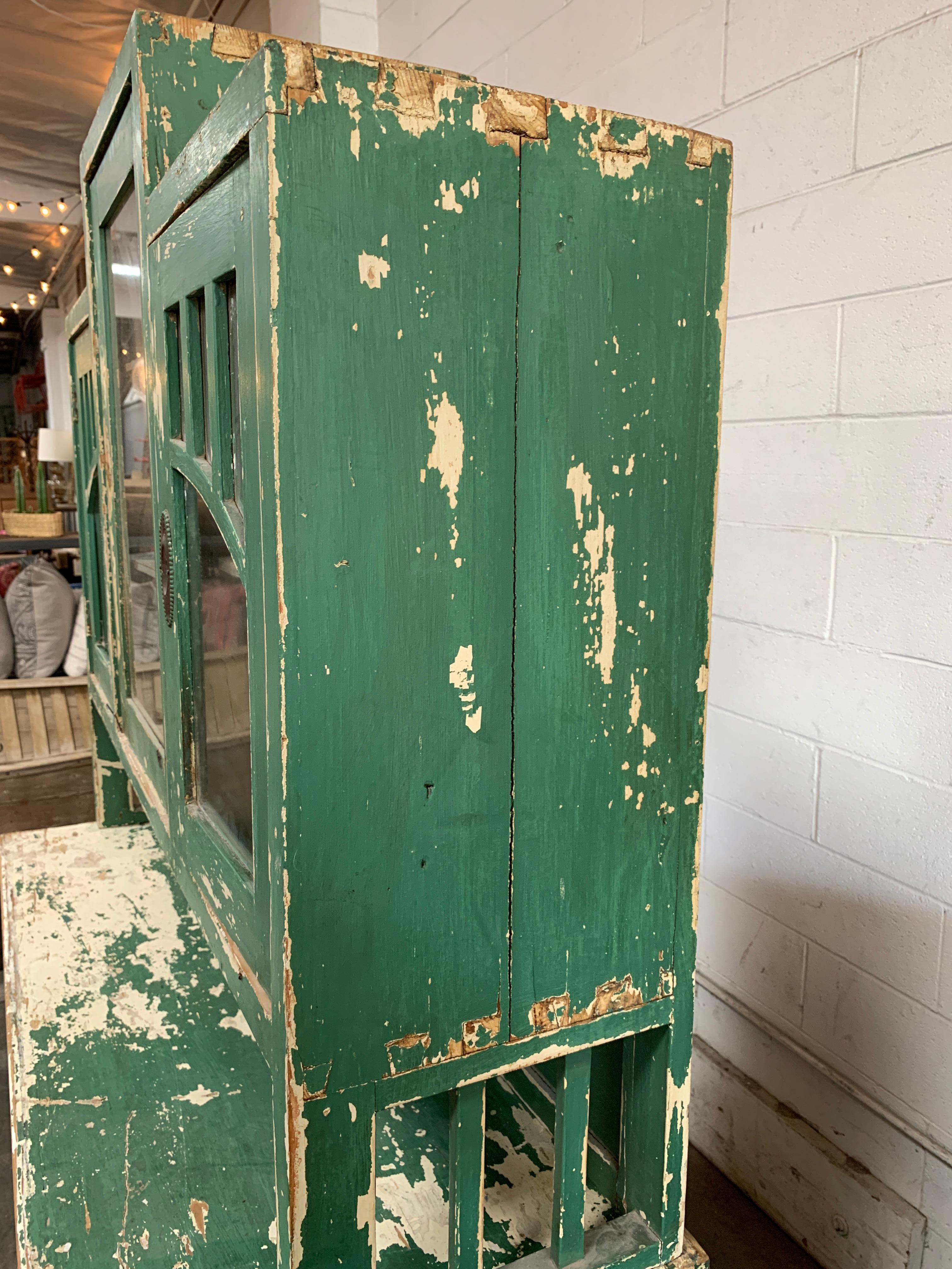 Antique French Farm-Style Cabinet with Hutch In Distressed Condition In Los Angeles, CA