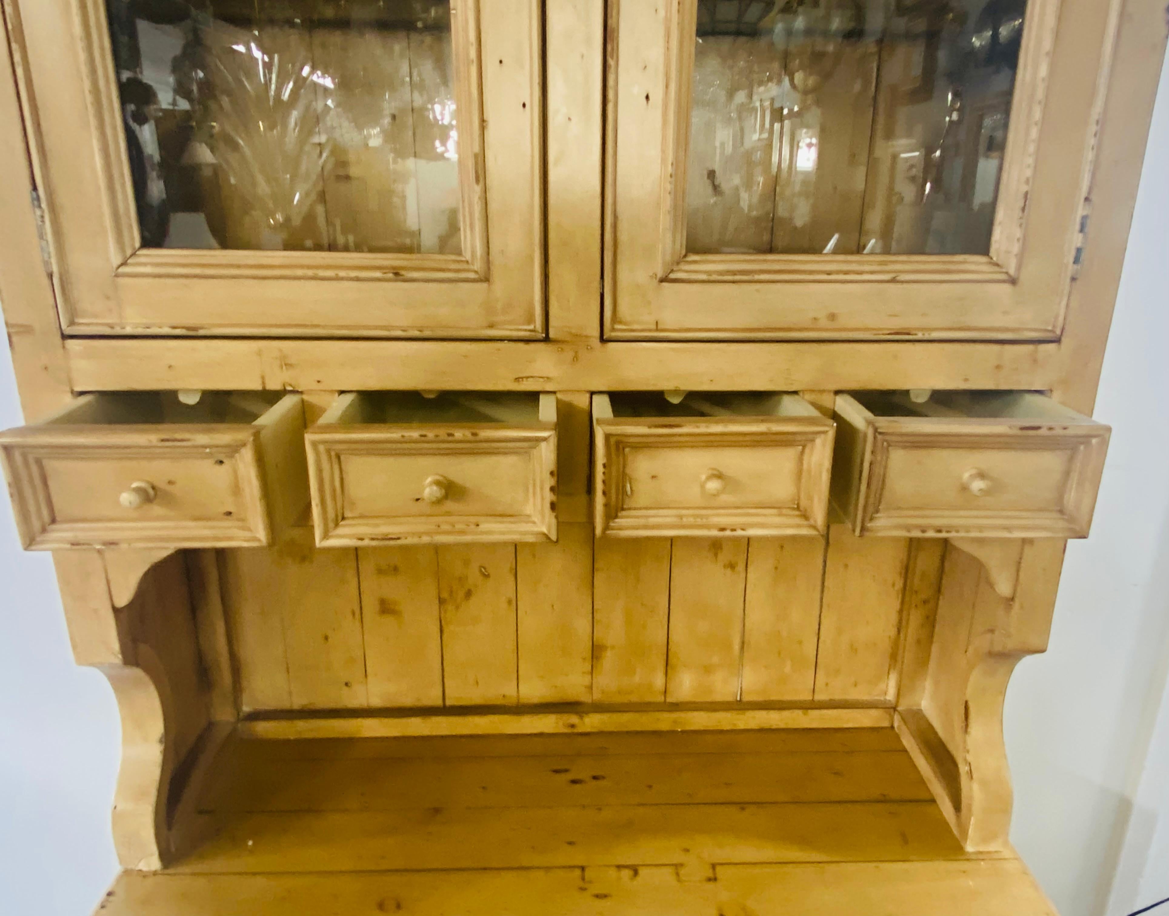 French Provincial Antique French Farm Style Cabinet with Hutch in Off-White/ Beige