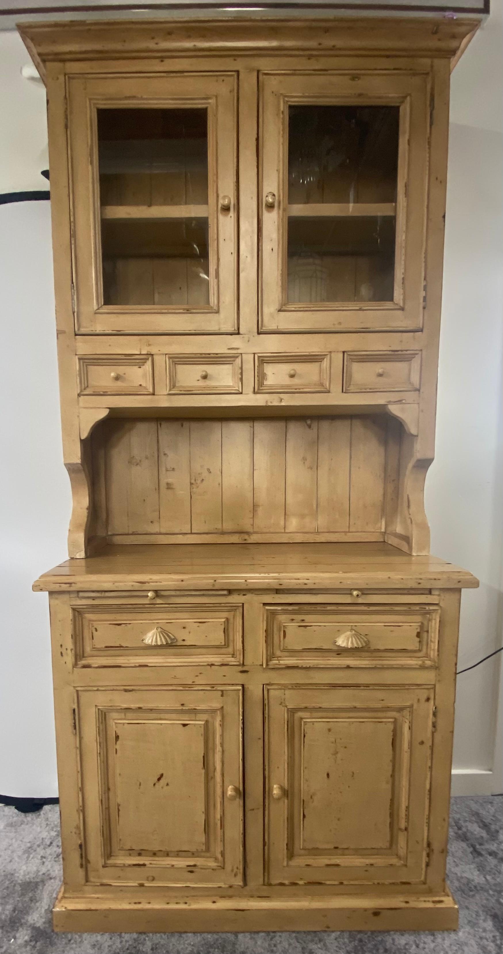 20th Century Antique French Farm Style Cabinet with Hutch in Off-White/ Beige