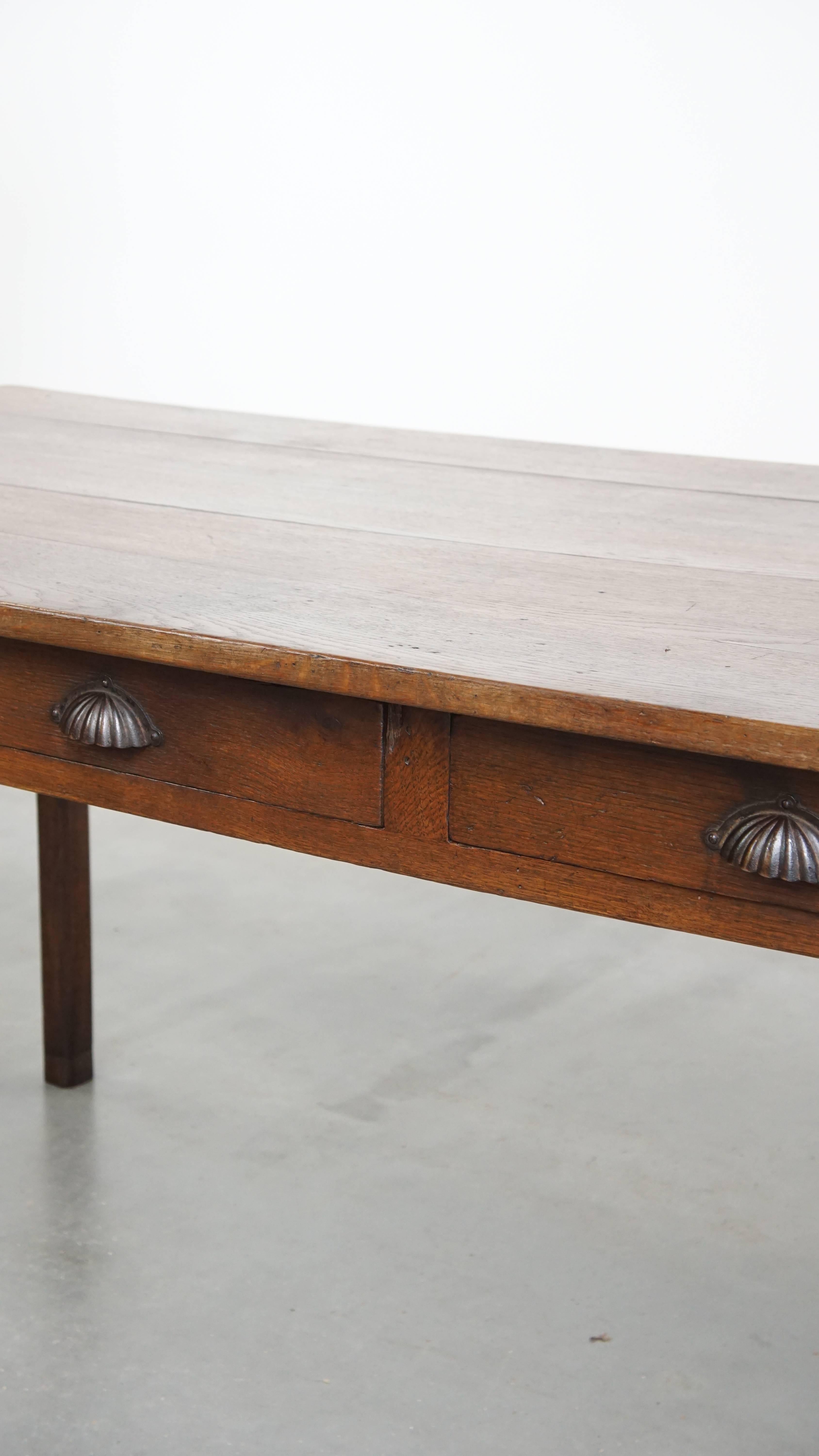 Antique French Farmhouse Dining Table from 1800 Made of Oak with 2 Drawers For Sale 1