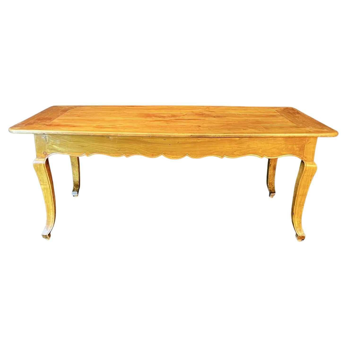 Antique French Farmhouse Dining Table with Scalloped Apron and Two Drawers For Sale