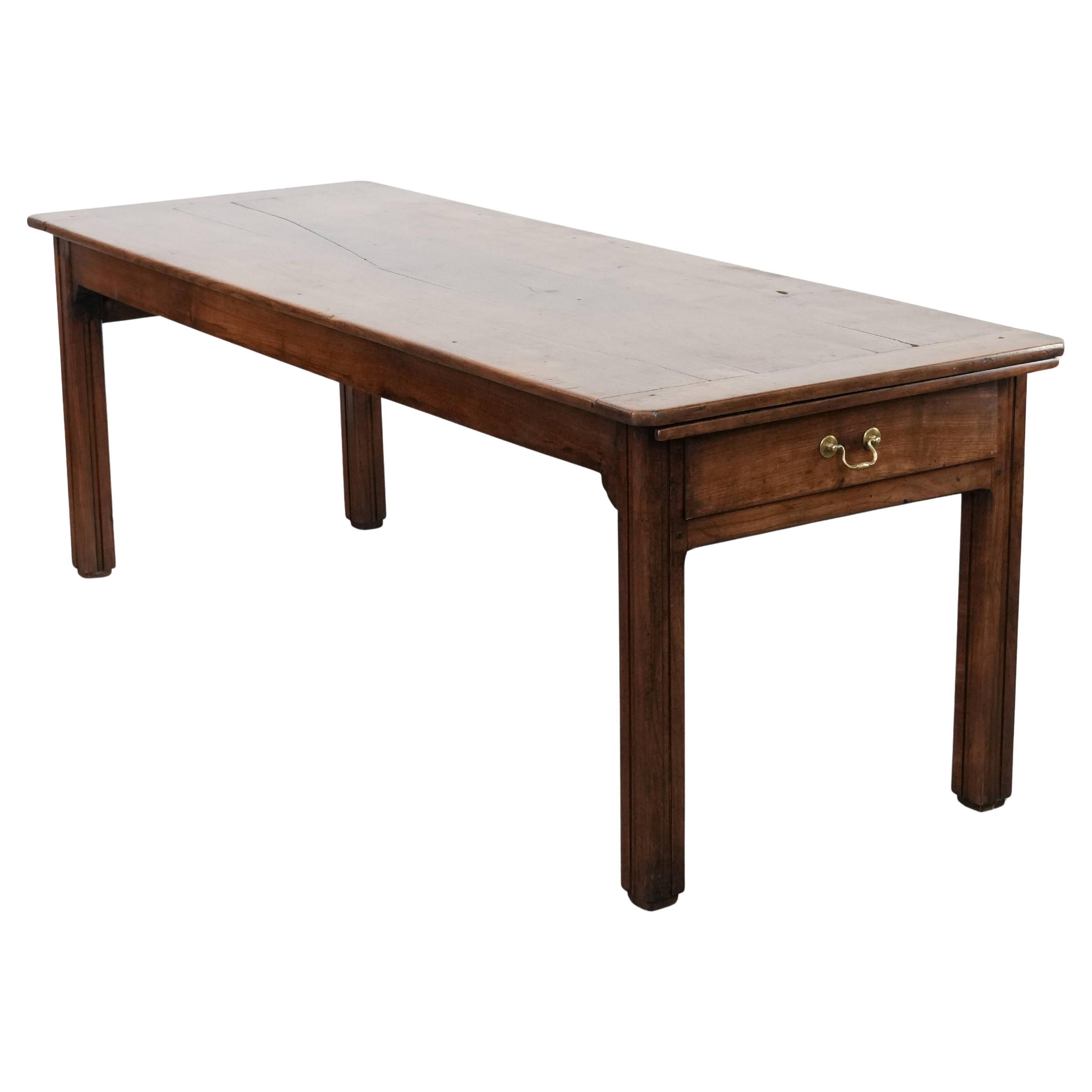 Antique French farmhouse dining table with two drawers and a pull-out board For Sale