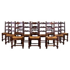 Antique French Farmhouse Maple Ladder Back Dining Chairs W/ Rush Seats-set of 12