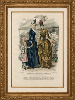 Antique French Fashion Plate, Elegant Ladies in Garden Scene, c.1880
