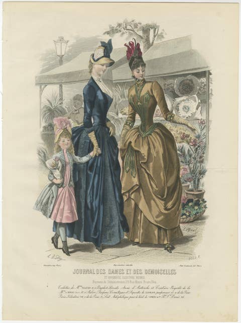 Antique French Fashion Plate, Elegant Ladies in Garden Scene, c.1880