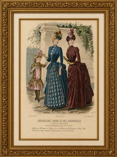 Antique French Fashion Plate, Elegant Ladies with Child, Garden Scene, c.1880