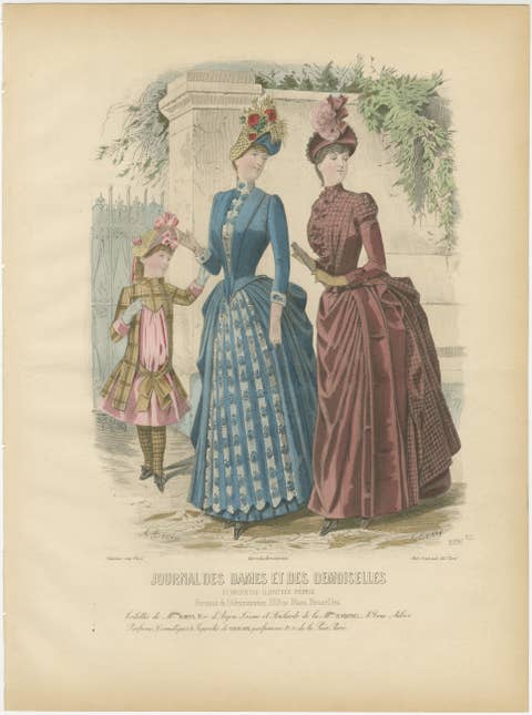 Antique French Fashion Plate, Elegant Ladies with Child, Garden Scene, c.1880