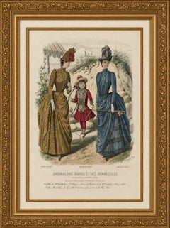 Antique French Fashion Plate, Ladies and Child in Park Scene, c.1880
