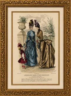 Antique French Fashion Plate, Ladies and Child in Park Scene, c.1880