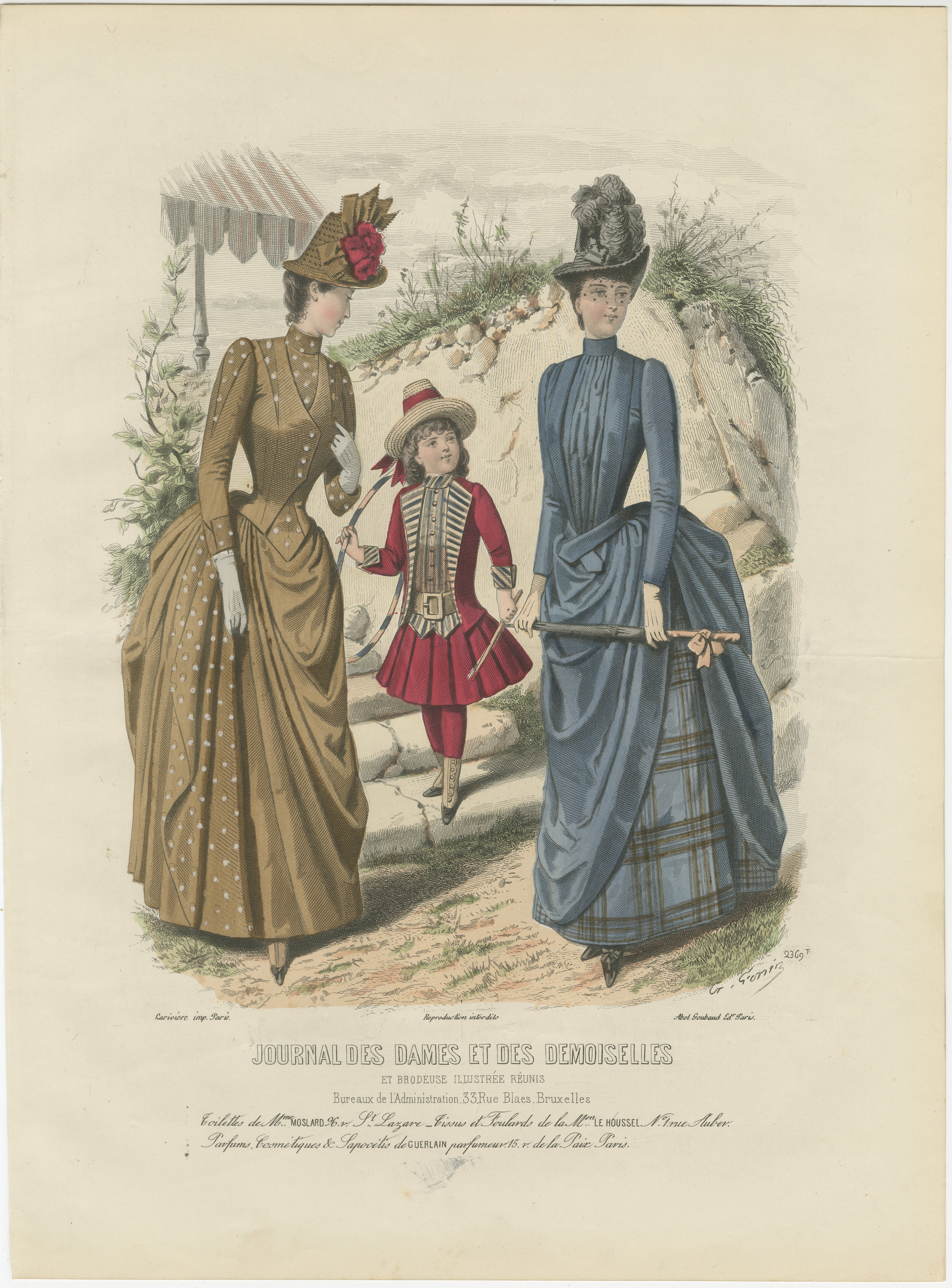 Antique French Fashion Plate, Ladies and Child in Park Scene, c.1880 For Sale