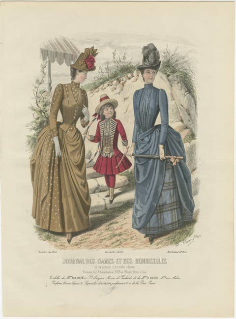 Antique French Fashion Plate, Ladies and Child in Park Scene, c.1880