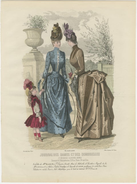 Antique French Fashion Plate, Ladies and Child in Park Scene, c.1880