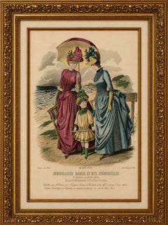 Antique French Fashion Plate, Seaside Ladies with Parasol & Child, c.1880