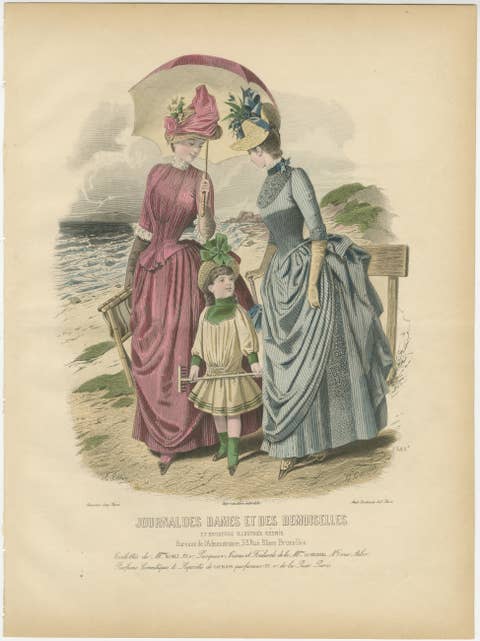 Antique French Fashion Plate, Seaside Ladies with Parasol & Child, c.1880