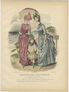 Antique French Fashion Plate, Seaside Ladies with Parasol & Child, c.1880