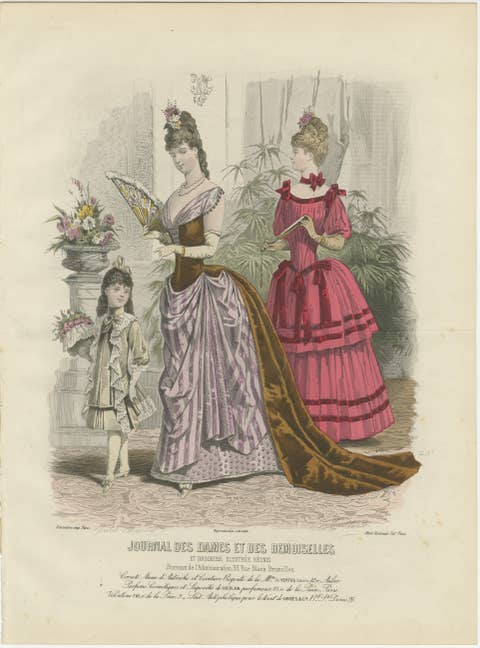 Antique French Fashion Plate, Paris Ladies with Fan & Child, c.1880
