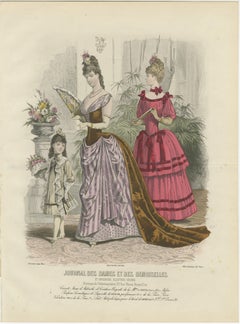 Antique French Fashion Plate, Paris Ladies with Fan & Child, c.1880