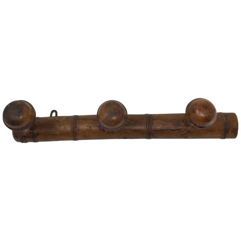 Antique French Faux Bamboo 3 Hook Coat, French Vintage Wood Coat Rack