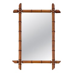Antique French Faux Bamboo Beechwood Wall Mirror with Warm Patina, 33 Inches