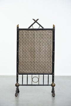 Antique French faux bamboo firescreen with luxurious fabric