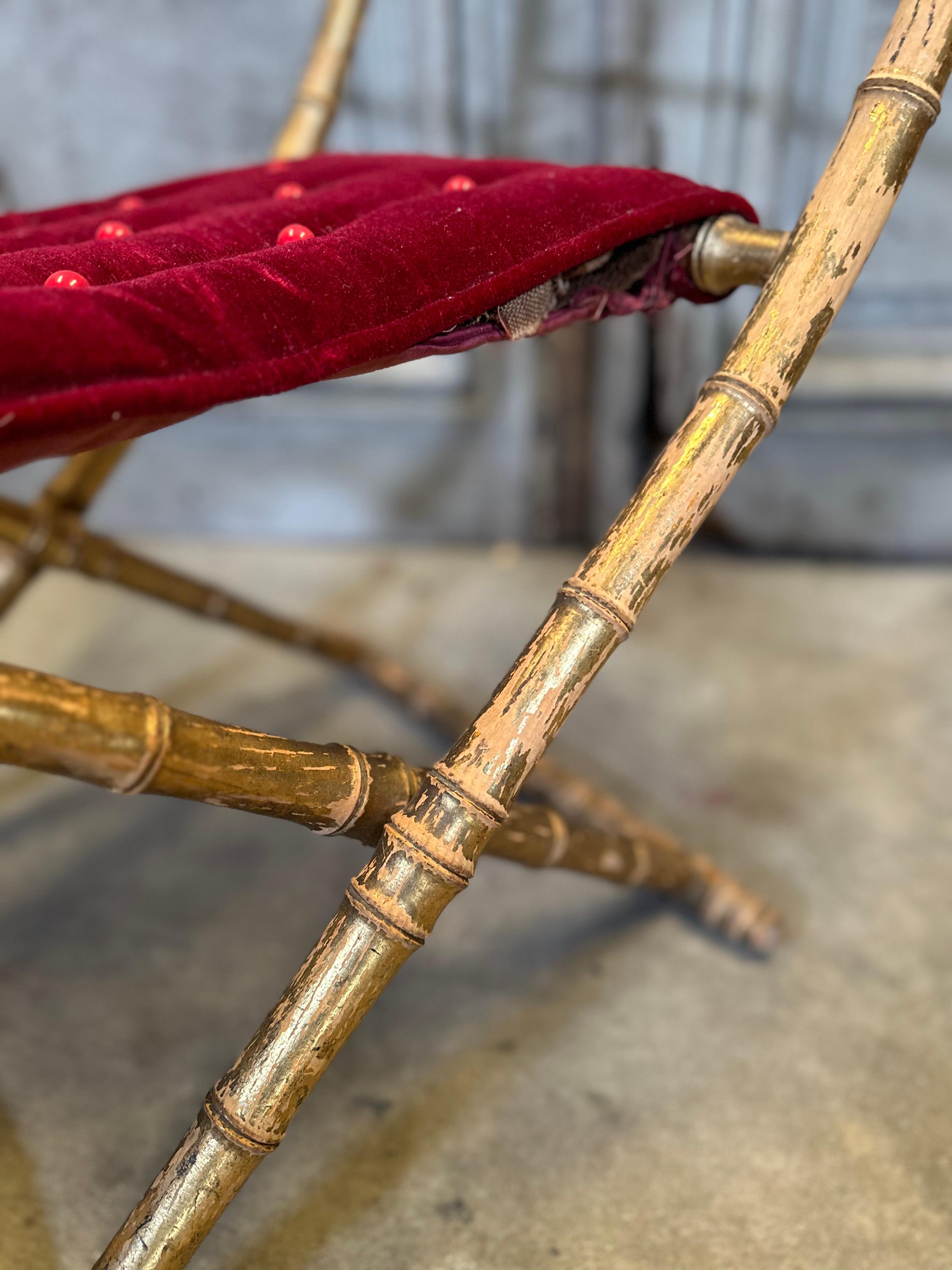 Louis XV Antique French Faux Bamboo Gilt Folding Stool in Velvet