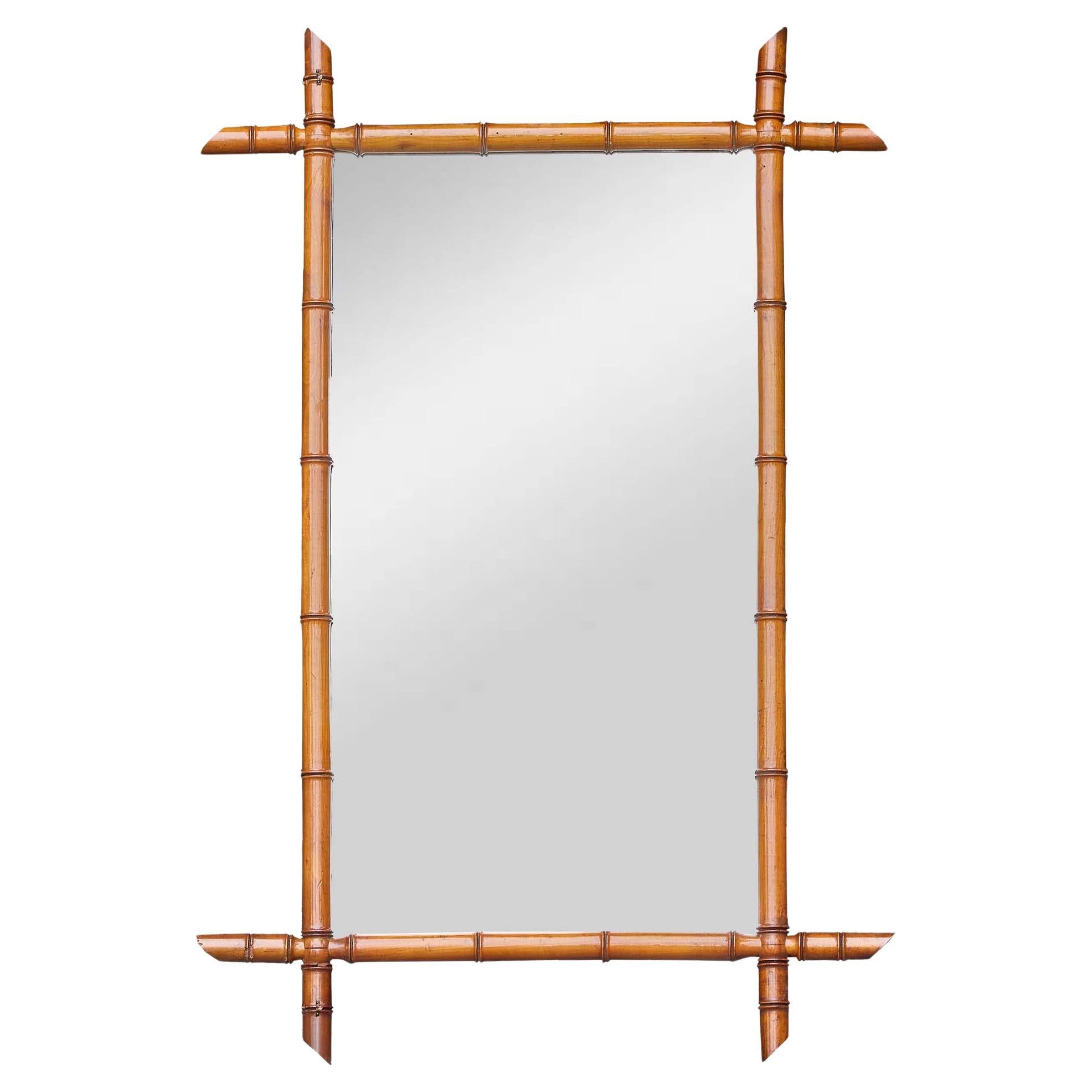 Antique French Faux Bamboo Mirror mit geschnitzten Details, um 1900