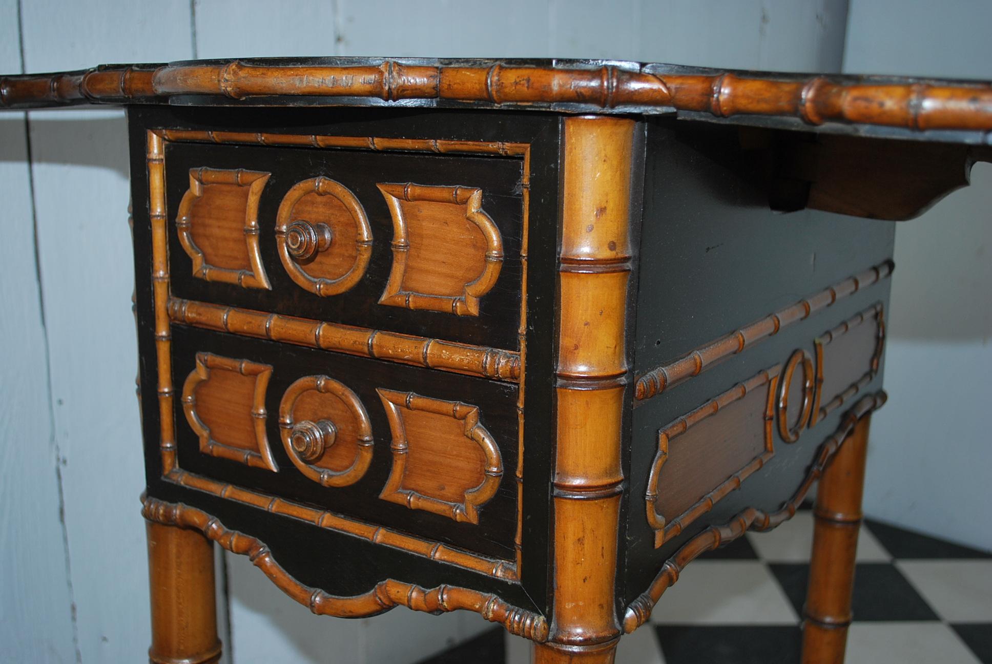 Antique French Faux Bamboo satin birch Side Table / pembroke work table In Good Condition For Sale In Winchcombe, Gloucesteshire