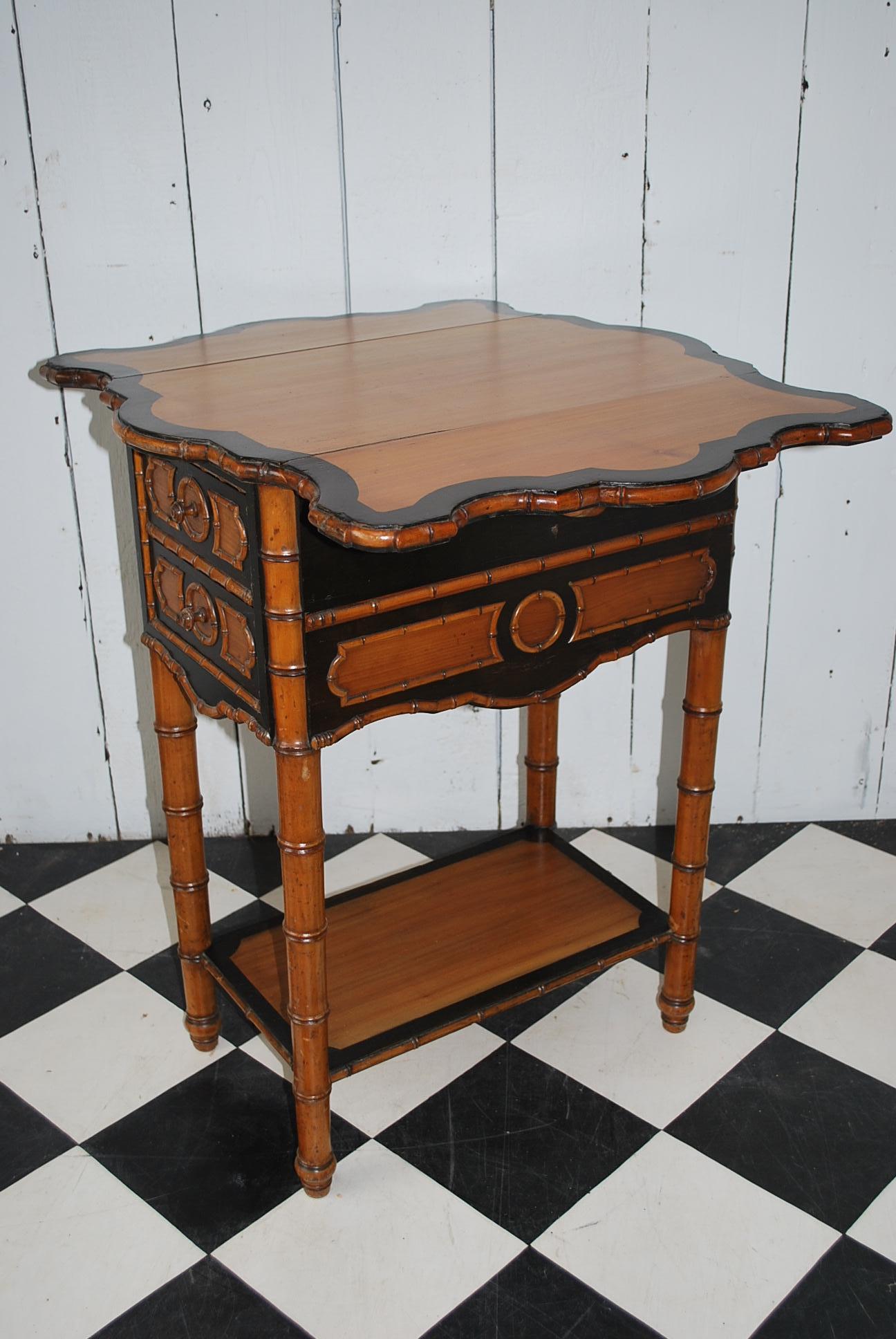 19th Century Antique French Faux Bamboo satin birch Side Table / pembroke work table For Sale