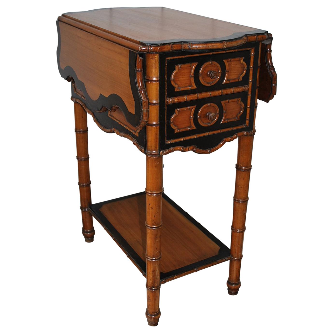 Antique French Faux Bamboo satin birch Side Table / pembroke work table For Sale