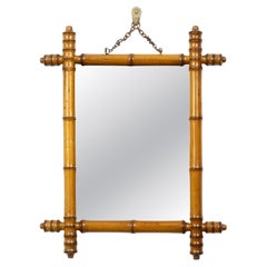 Antique French Faux Bamboo Turned Wood Wall Mirror, circa 1900
