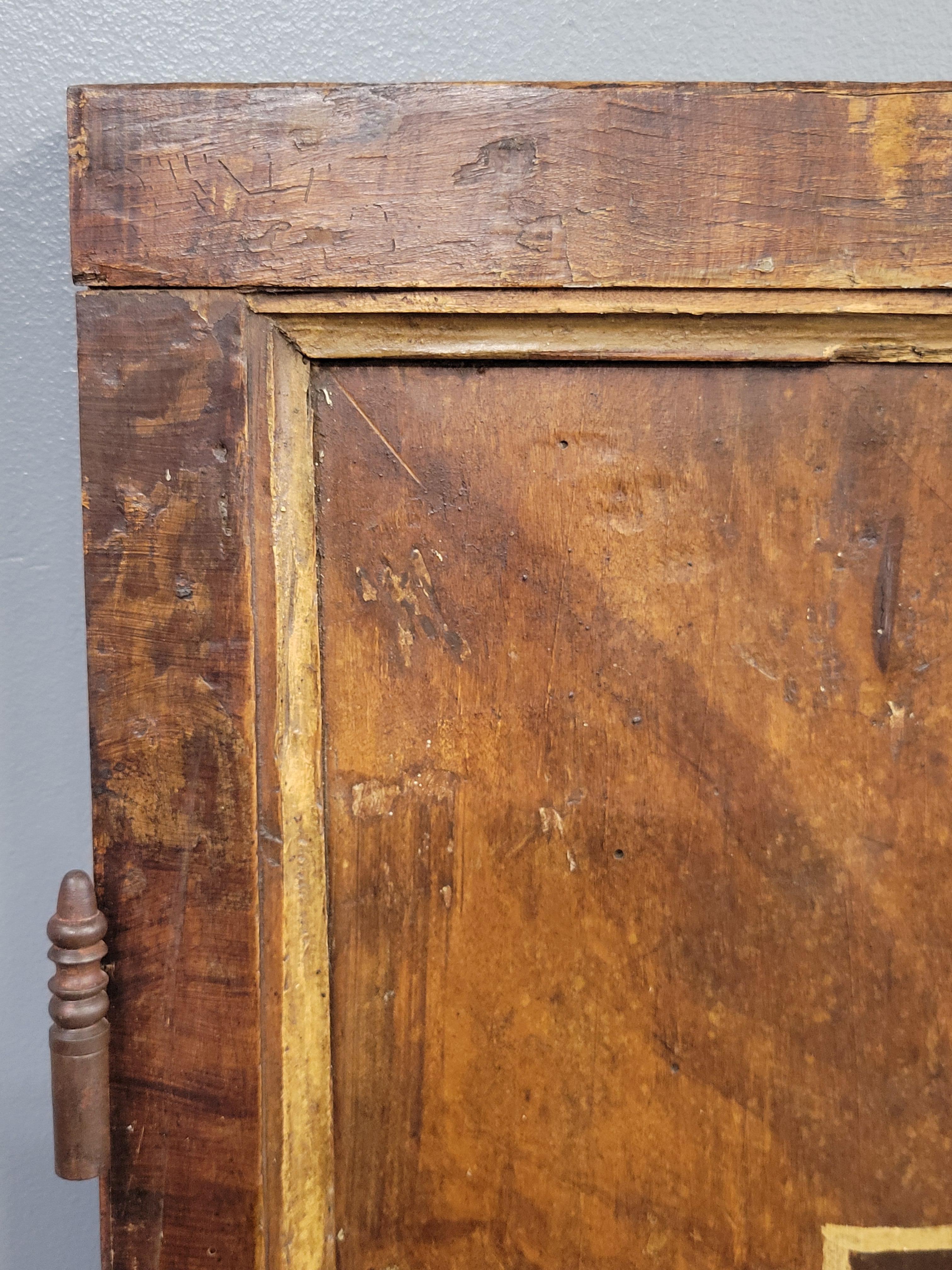 Francese Antique French Faux Grain Painted Pine Pantry Door with Landscape Scenes in vendita