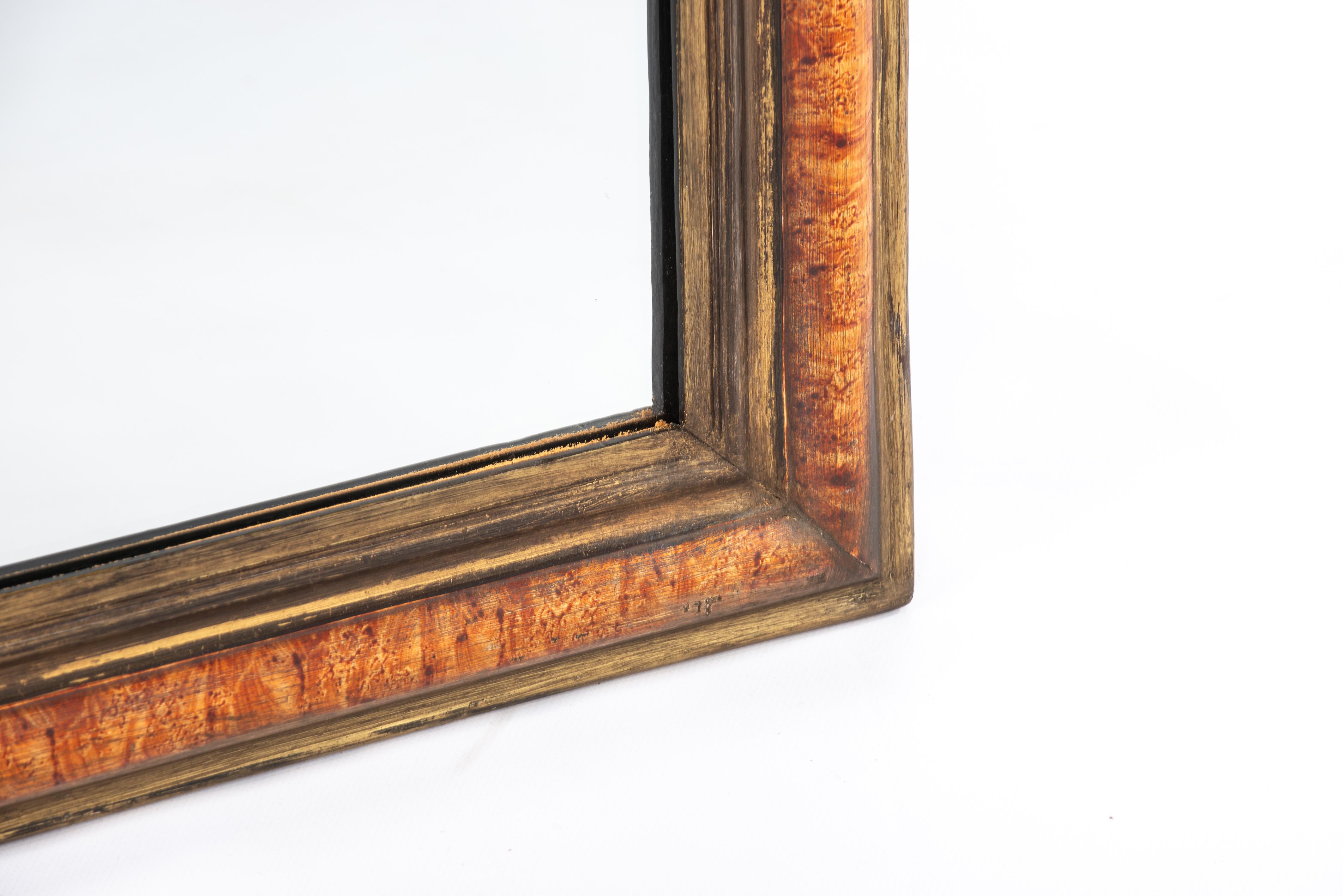 Silvered Antique French faux rosewood burl and gold-painted Louis Philippe mirror For Sale