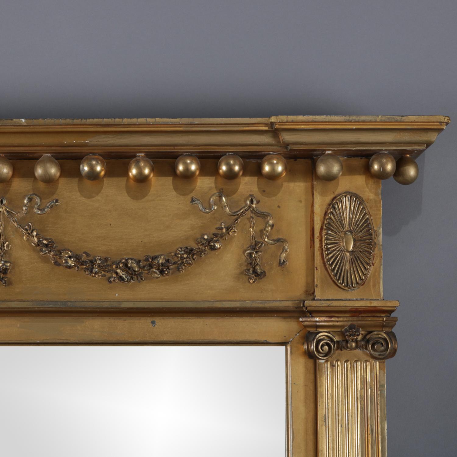 Antique French Federal Neoclassical Giltwood Triptych Overmantel Mirror 5