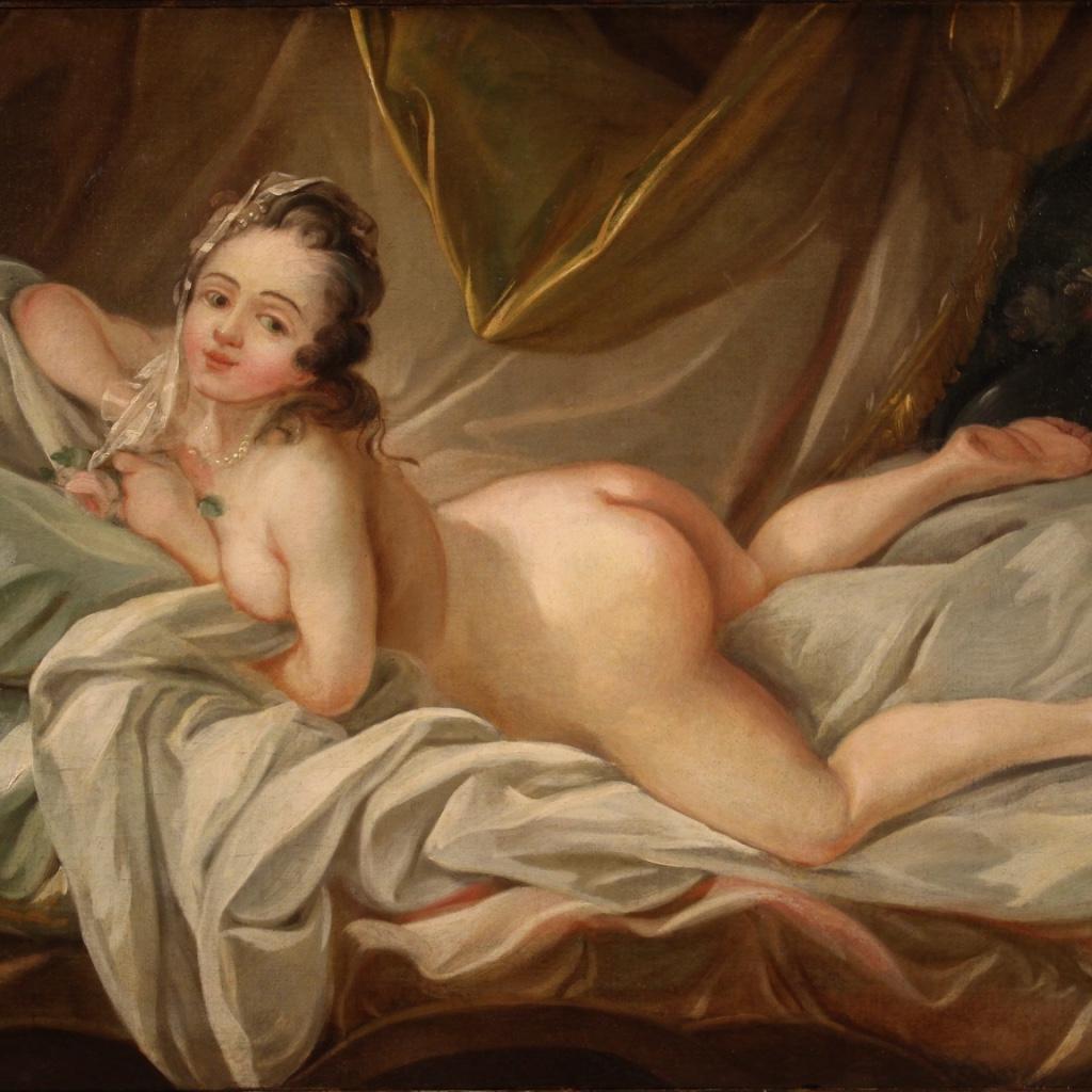 Ancient painting French from the early 19th century. Opera and oil on canvas depicting a female nude of great pleasure and good pictorial hand in the style of Boucher. Carved wooden frame e
golden from the 20th century, beautifully decorated.