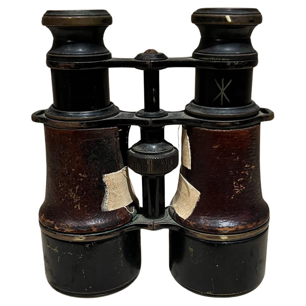 Antique French Field Binoculars Brass Leather Wrap Le Maire