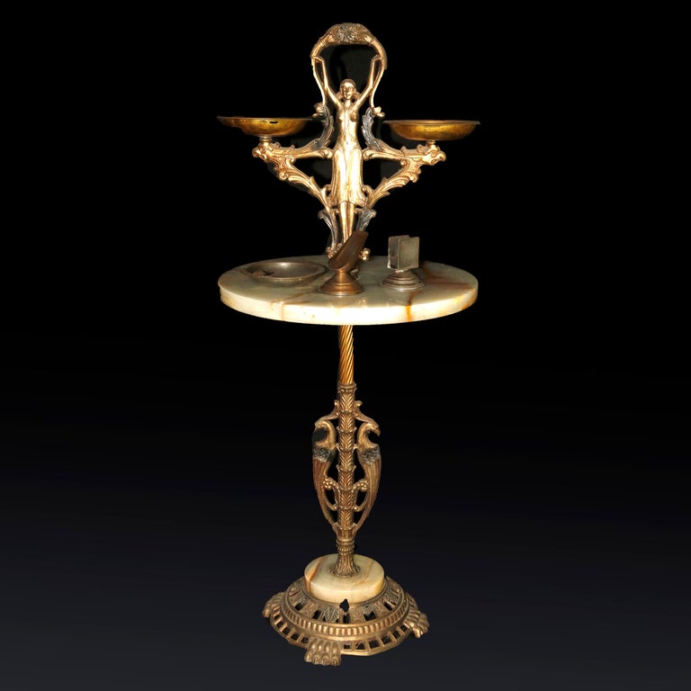 Antique French Figural Art Nouveau Onyx and Bronze Smoking Stand, circa