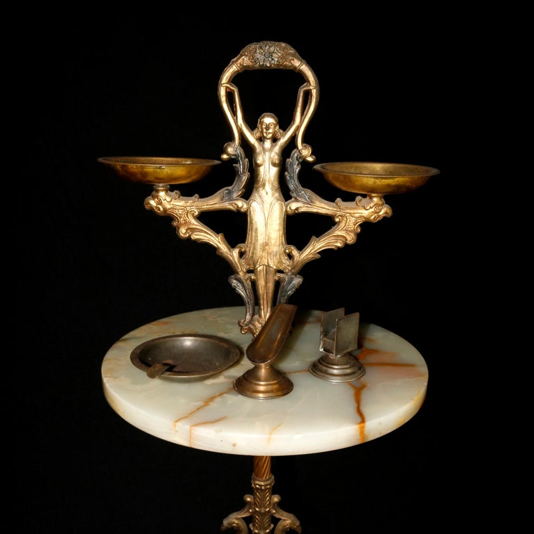 Antique French Figural Art Nouveau Onyx and Bronze Smoking Stand, circa