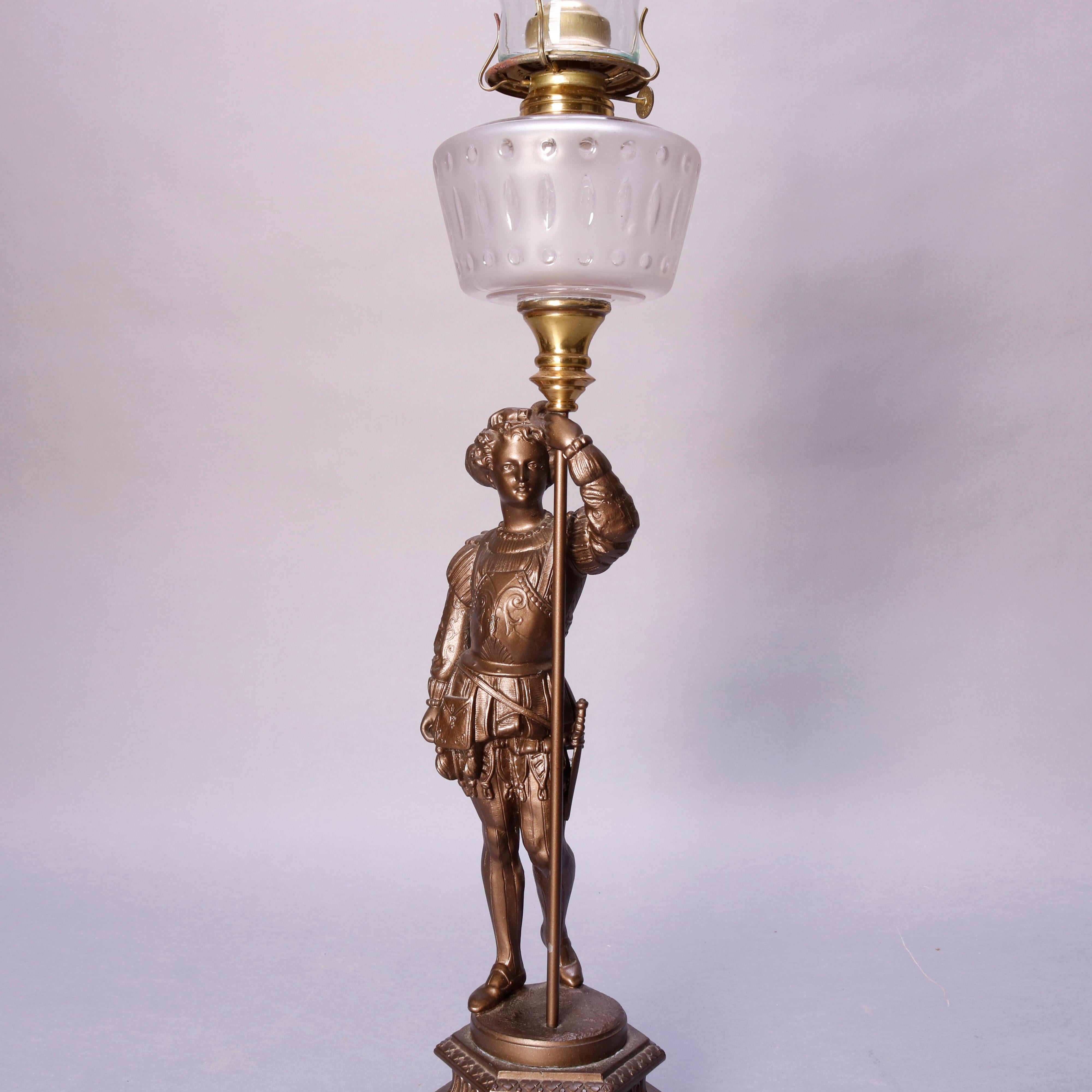 Antique French Figural Bronze Gone with the Wind Gilt Art Glass Lamp, circa 1890 In Good Condition In Big Flats, NY