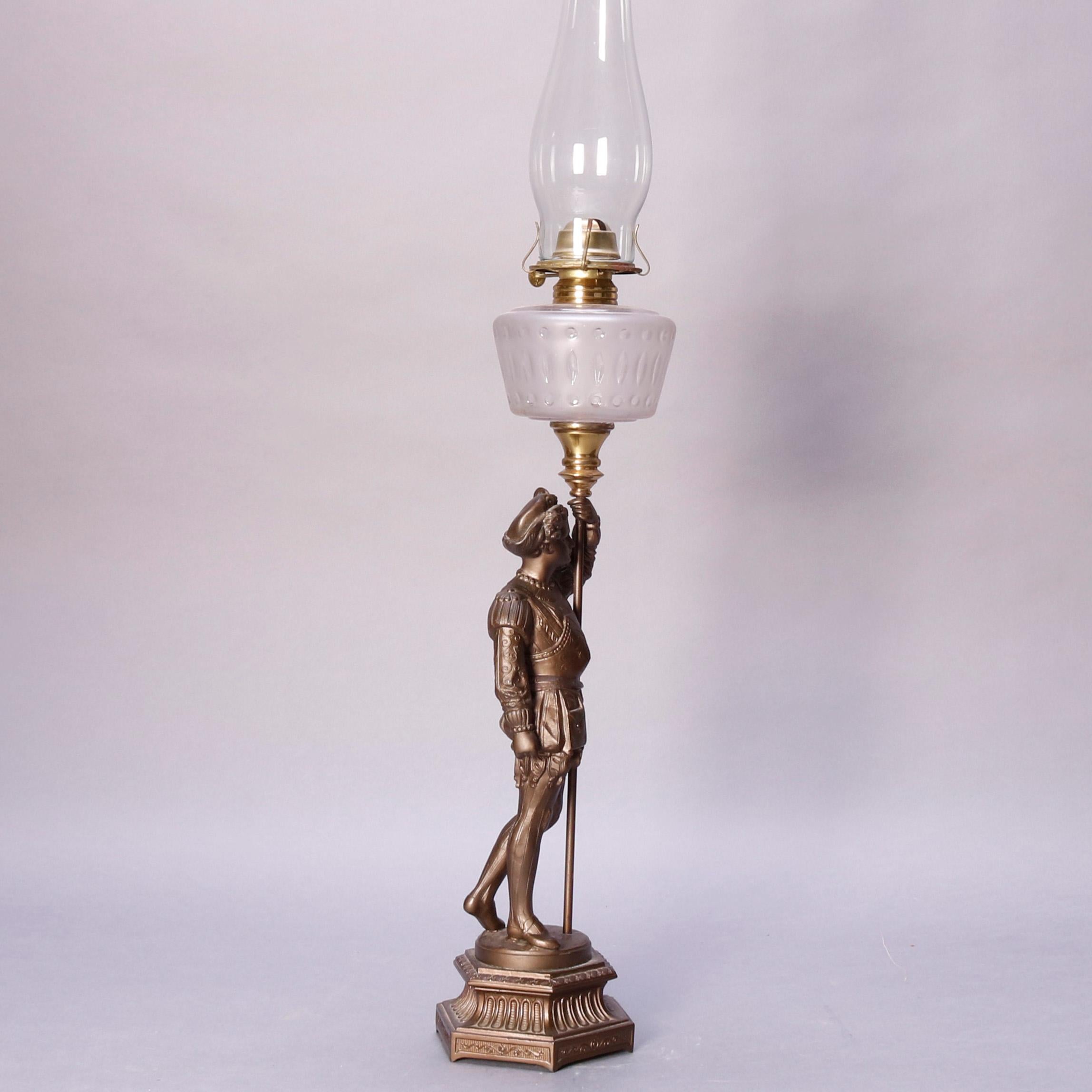 19th Century Antique French Figural Bronze Gone with the Wind Gilt Art Glass Lamp, circa 1890